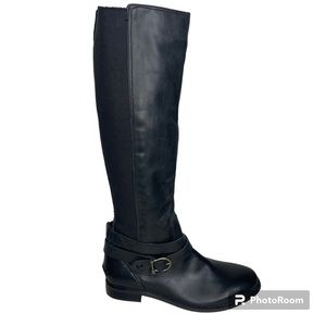 Sperry Black Riding Boots 5.5 M Leather Stirrup Buckle Stretch Fabric Back